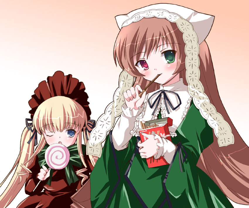 shinshin, shinku, suiseiseki, rozen maiden, 00s, 2girls, blonde hair, blue eyes, bonnet, brown hair, candy, dress, eating, food, green eyes, hat, headscarf, heterochromia, lollipop, long hair, multiple girls, one eye closed, pocky, red eyes, siblings, sisters, swirl lollipop, twintails, very long hair, white headscarf