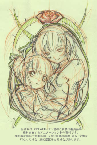 kasugai hiroyuki, shinku, suigintou, rozen maiden, traditional media, 00s, 2girls, bonnet, color trace, flower, hairband, looking down, looking up, multiple girls, production art, rose, sketch