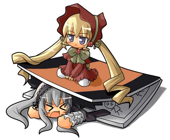 herada mitsuru, shinku, suigintou, rozen maiden, 00s, 2girls, blonde hair, blue eyes, bonnet, bow, chibi, chibi only, dress, drill hair, frills, grey hair, long hair, multiple girls, open mouth, ribbon, sitting, twintails