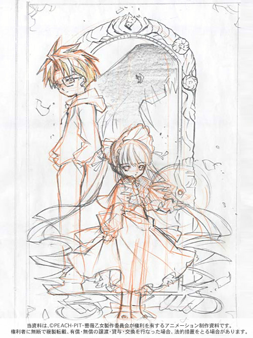 kasugai hiroyuki, sakurada jun, shinku, rozen maiden, 00s, 1boy, 1girl, bonnet, broken glass, color trace, dress, full body, glass, hands in pockets, long hair, looking at viewer, mirror, production art, short hair, size difference, sketch, standing, text focus, very long hair