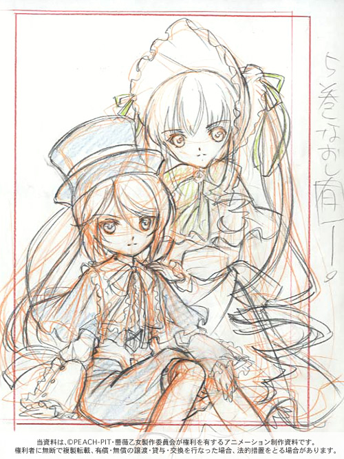 kasugai hiroyuki, shinku, souseiseki, rozen maiden, traditional media, 00s, 2girls, dress, hat, long hair, looking at viewer, monochrome, multiple girls, production art, short hair, sitting, sketch, text focus, top hat, very long hair