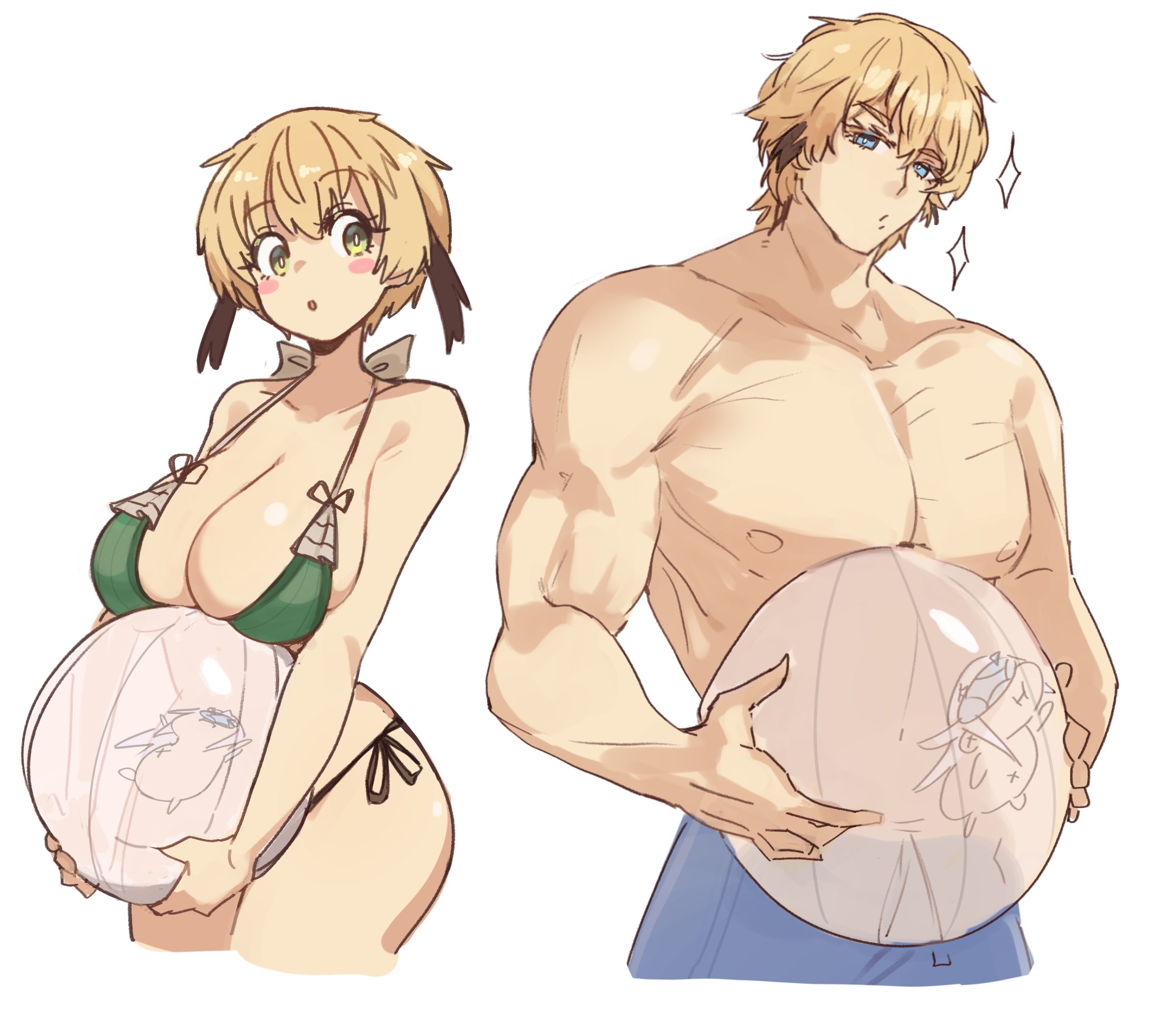 jonyeld, gareth (fate), gawain (fate), melusine (fate), fate/grand order, fate (series), highres, 1boy, 2girls, :o, alternate breast size (larger), alternate costume, alternate hairstyle, ball, beachball, bikini, blonde hair, blue eyes, blush stickers, breasts, brother and sister, chibi, cleavage, green bikini, holding, holding ball, holding beachball, large breasts, large pectorals, multicolored hair, multiple girls, muscular, muscular male, pectorals, siblings, simple background, streaked hair, swimsuit, transparent beachball, white background
