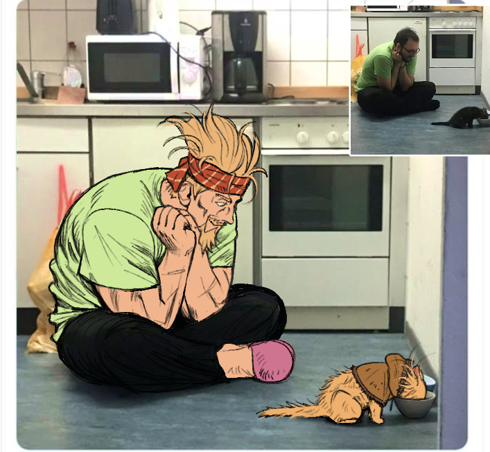 flrrrrr222222, thorfinn, thorkell, vinland saga, animalization, baby animal, beard, black pants, blonde hair, bowl, brown capelet, capelet, cat, coffee pot, facial hair, full body, fur-trimmed capelet, fur trim, green shirt, headband, indian style, kitchen, kitten, looking at another, microwave, muscular, muscular male, own hands together, pants, pet bowl, photo background, photo inset, pink slippers, red headband, reference inset, scar, scar on arm, shirt, short hair, short sleeves, sitting, slippers, smile, t-shirt