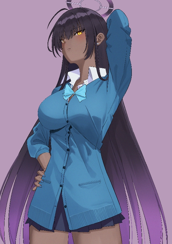 karin (blue archive), karin (school uniform) (blue archive), blue archive, 1girl, arm behind head, blue sweater, blush, dark-skinned female, dark skin, ear piercing, hand on own hip, piercing, pleated skirt, school uniform, skirt, sweater