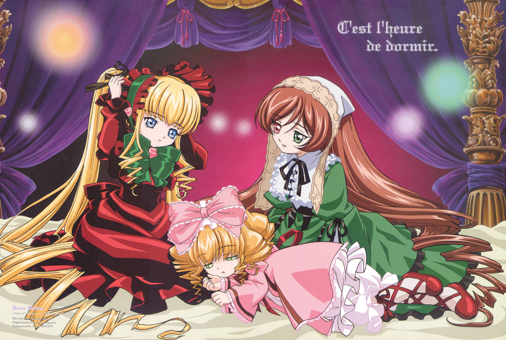 kasugai hiroyuki, hinaichigo, shinku, suiseiseki, rozen maiden, cross-laced footwear, highres, 00s, 3girls, adjusting clothes, adjusting headwear, arm up, bed, bed sheet, blonde hair, blue eyes, bonnet, bow, bowtie, brown hair, curtains, dress, drill hair, flower, french text, frills, full body, green dress, half-closed eyes, hat, headscarf, heterochromia, long hair, long sleeves, multiple girls, on bed, pink bow, pink dress, red eyes, ribbon, rose, sleepy, twin drills, twintails, very long hair, white headscarf