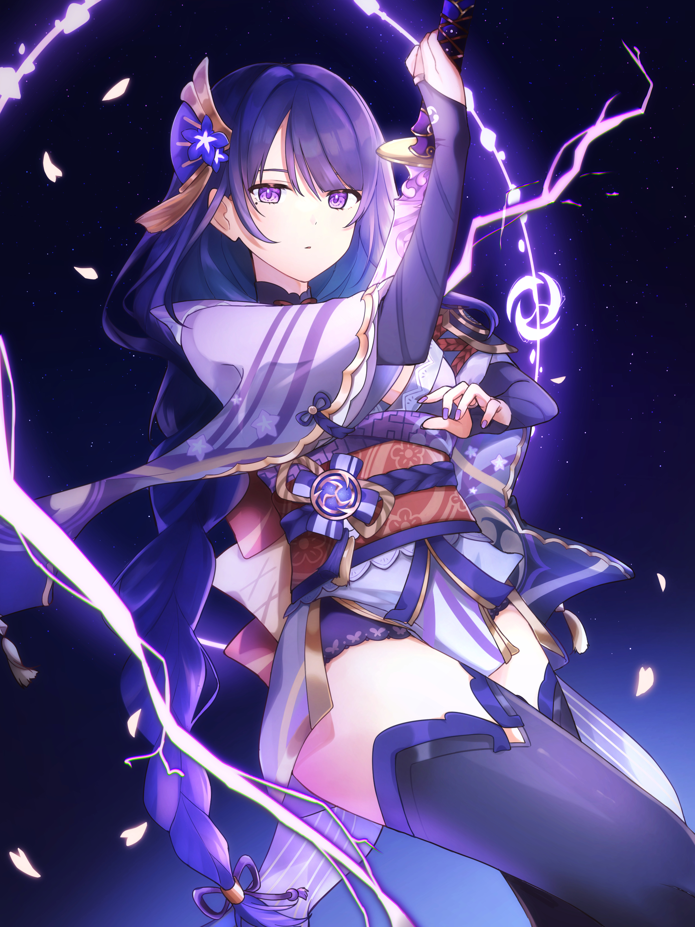 iroha (mimi0618xx), raiden shogun, genshin impact, absurdres, highres, 1girl, back bow, black panties, blue background, blunt bangs, bow, braid, bridal gauntlets, cherry blossoms, closed mouth, electricity, falling petals, fan hair ornament, flower, flower ornament, gradient background, gradient hair, hair ornament, hair ribbon, japanese clothes, kimono, leaning back, long braid, long hair, looking at viewer, looking to the side, mitsudomoe (shape), mole, mole under eye, multicolored hair, neck ribbon, panties, petals, pink petals, purple eyes, purple flower, purple hair, purple kimono, purple ribbon, purple thighhighs, red ribbon, red sash, ribbon, sash, shade, short sleeves, single braid, solo, thick thighs, thighhighs, thighs, tomoe (symbol), underwear, wide sleeves