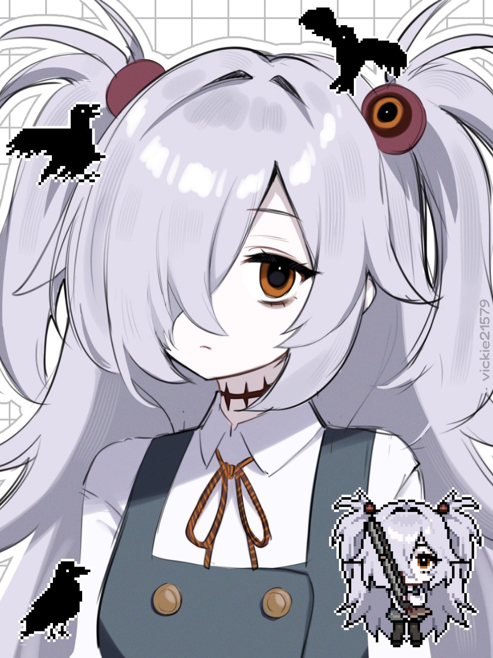vickie (cryingrobot), kanoe (blue archive), blue archive, highres, 1girl, bird, brown eyes, chibi, chibi inset, closed mouth, crow, grey hair, hair ornament, hair over one eye, long hair, looking at viewer, neck ribbon, one eye covered, ribbon, two side up, very long hair