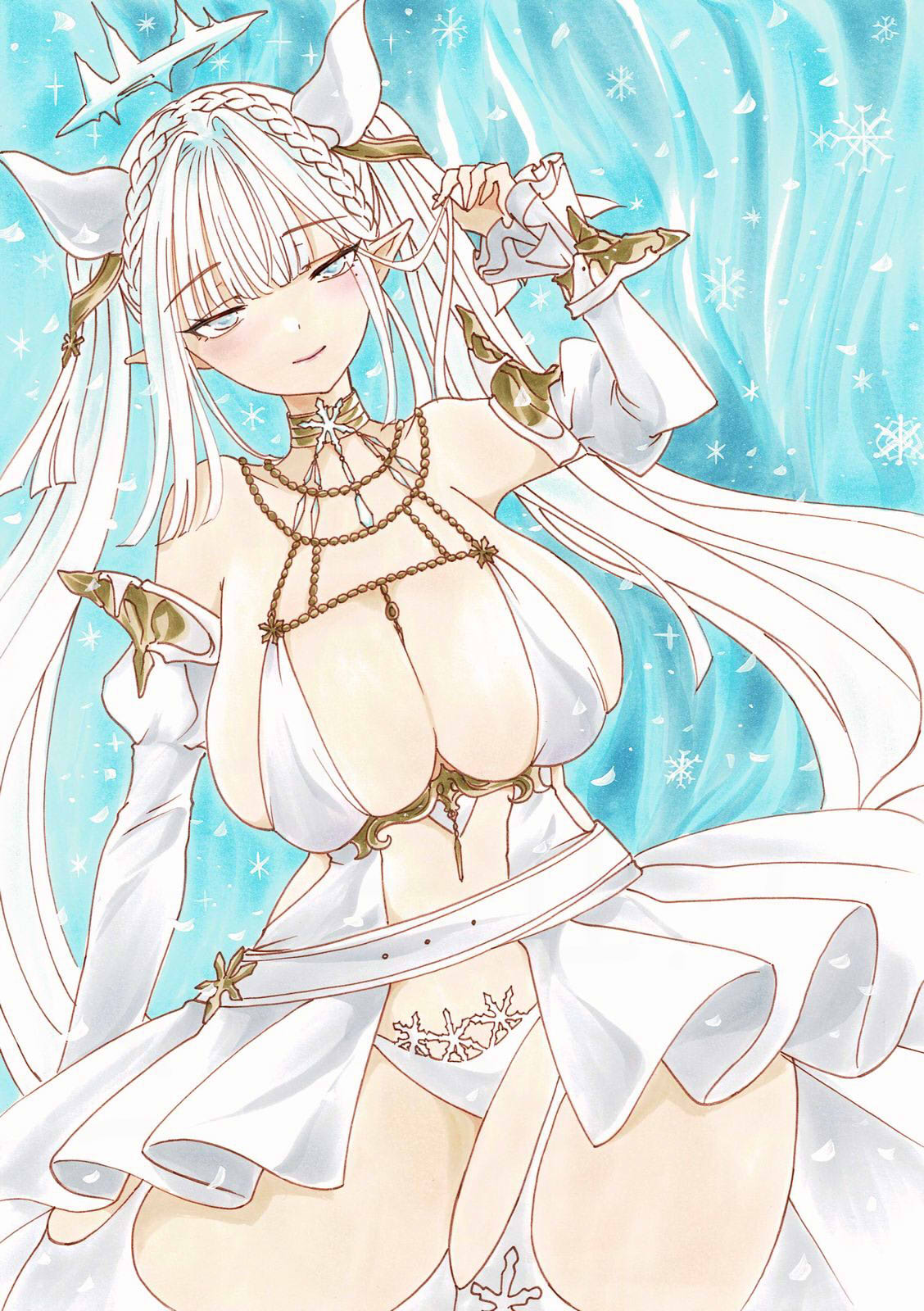 uzuharu (uduharu), bois belleau (azur lane), azur lane, highres, marker (medium), traditional media, 1girl, bare shoulders, braid, breasts, cleavage, closed mouth, detached sleeves, hair ribbon, halo, huge breasts, jewelry, long hair, looking at viewer, mole, mole under eye, panties, pointy ears, revealing clothes, ribbon, solo, underwear, very long hair, white hair, white panties, white ribbon, white sleeves