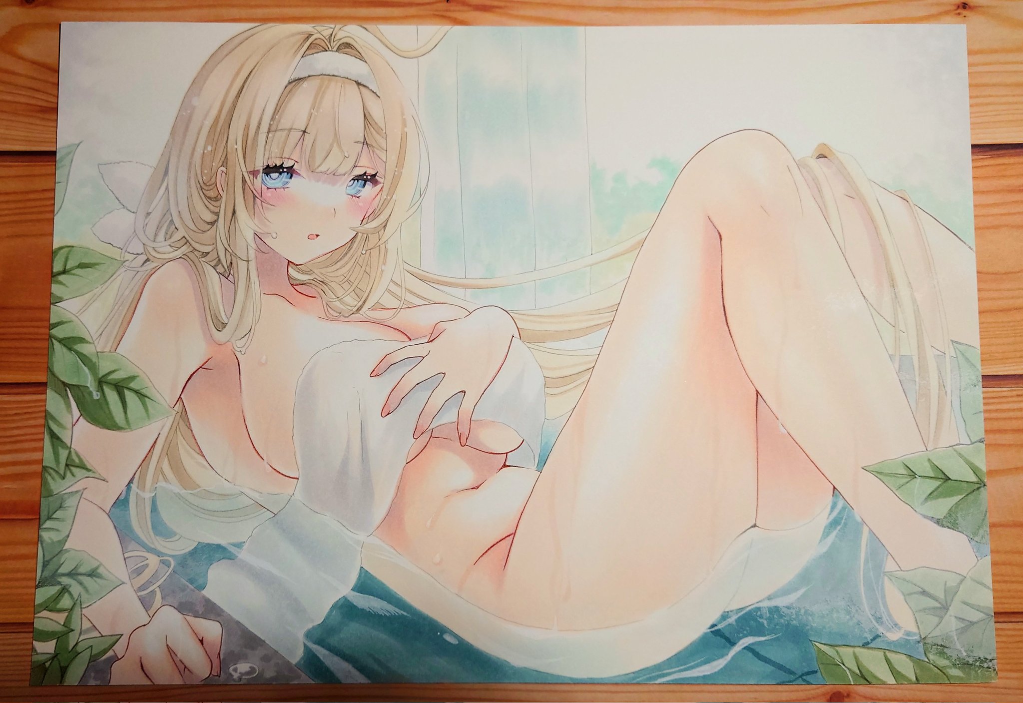mimi (mini1474), massena (azur lane), massena (sweetly intoxicating spring) (azur lane), azur lane, highres, marker (medium), photo (medium), traditional media, 1girl, ahoge, blonde hair, blush, breasts, hair intakes, hairband, knees up, large breasts, leaf, looking at viewer, lying, naked towel, navel, official alternate costume, on back, onsen, parted lips, solo, stomach, towel, white hairband