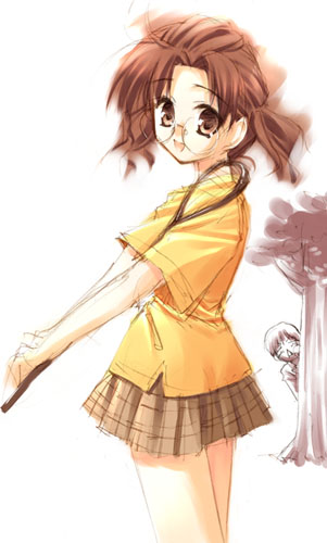 sakurada nori, rozen maiden, lowres, 00s, 1girl, :d, blush, brown eyes, brown hair, brown skirt, female focus, from side, glasses, lacrosse, open mouth, peeking, pleated skirt, shirt, short hair, short sleeves, skirt, smile, solo, solo focus, standing, tree, yellow shirt