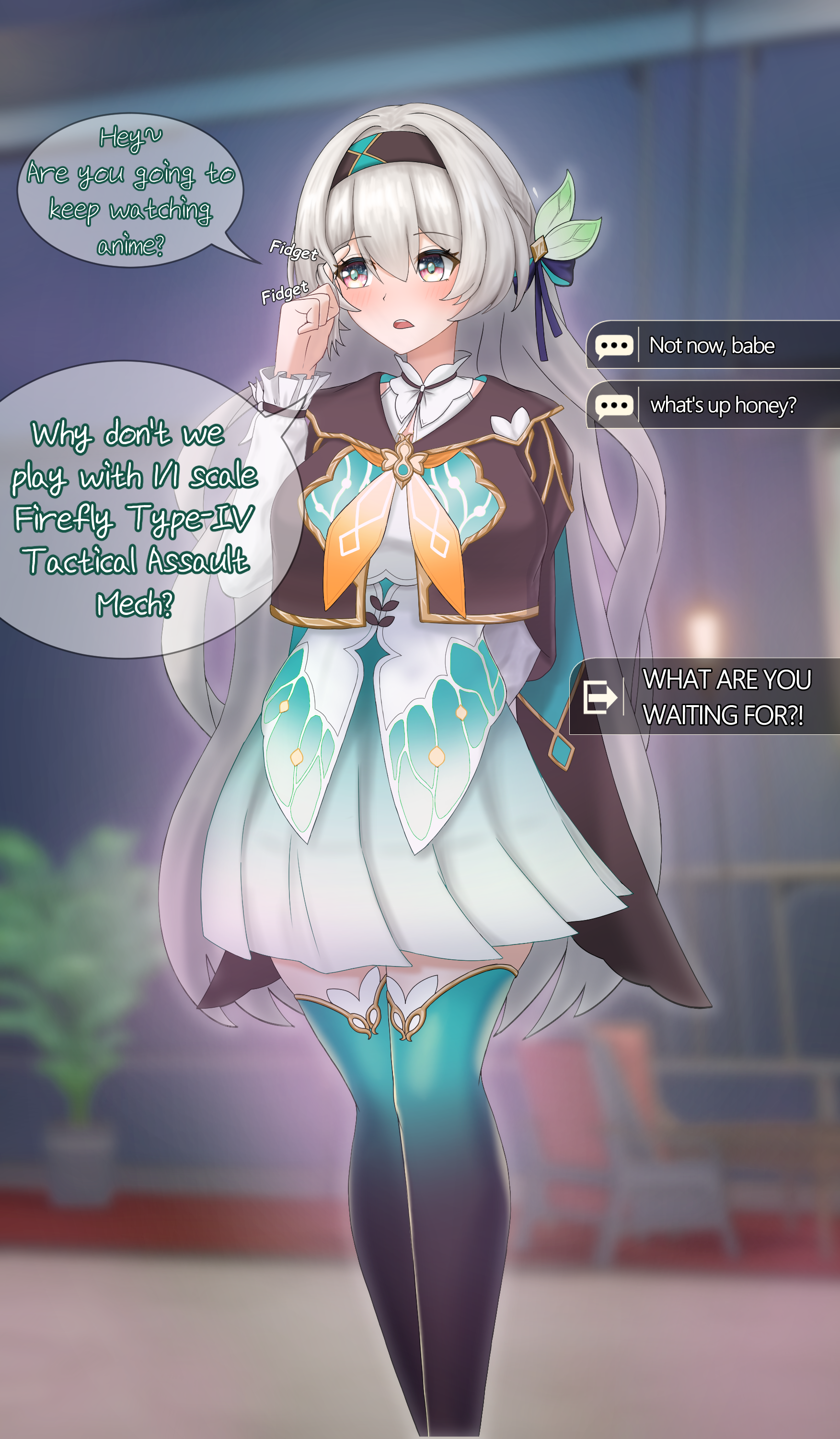 firefly (honkai: star rail), stelle (honkai: star rail), trailblazer (honkai: star rail), honkai: star rail, honkai (series), absurdres, highres, 2girls, aqua dress, aqua thighhighs, blue eyes, blush, brown hairband, brown jacket, cropped jacket, dialogue options, dress, english text, fidgeting, gradient hair, green pupils, grey hair, hair between eyes, hair intakes, hair ornament, hair ribbon, hairband, hand in own hair, jacket, long hair, multicolored eyes, multicolored hair, multiple girls, neckerchief, open mouth, orange neckerchief, ribbon, speech bubble, thighhighs, upper body, user xjsm5353