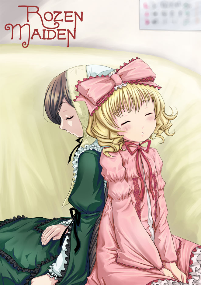 hinaichigo, suiseiseki, rozen maiden, 00s, 2girls, :o, back-to-back, blonde hair, blush, bow, brown hair, copyright name, couch, dress, frills, green dress, hat, hat bow, headscarf, long sleeves, multiple girls, parted lips, pillow, pink bow, pink dress, short hair, sleeping, sleeping upright, white headscarf