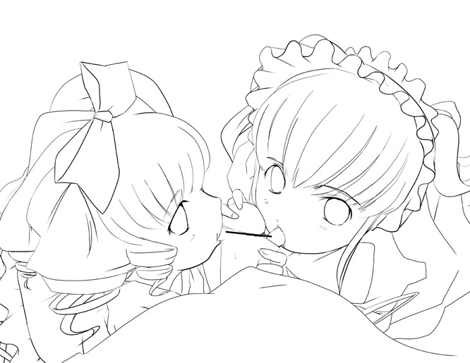 hinaichigo, shinku, rozen maiden, 00s, 2girls, censored, cooperative fellatio, disembodied penis, fellatio, greyscale, hetero, maid, monochrome, multiple girls, oral, penis, teamwork (sexual)