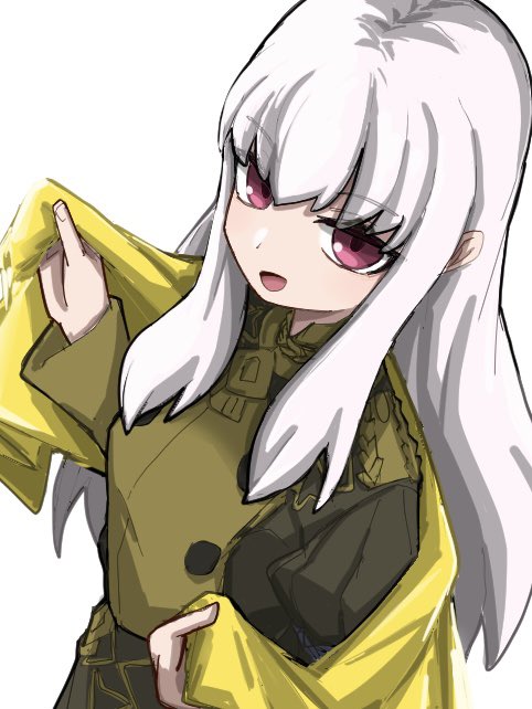 aaaakunaaaa, lysithea von ordelia, fire emblem, fire emblem: three houses, nintendo, 1girl, breasts, buttons, garreg mach monastery uniform, juliet sleeves, long hair, long sleeves, looking at viewer, open mouth, pink eyes, puffy sleeves, simple background, small breasts, smile, solo, white background, white hair