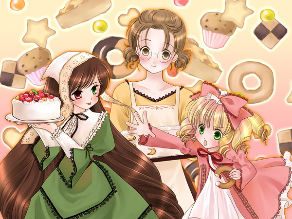 hinaichigo, sakurada nori, suiseiseki, rozen maiden, 00s, 3girls, aged up, blonde hair, blush, bow, brown eyes, brown hair, cake, checkerboard cookie, cookie, cupcake, donut, dress, drill hair, food, frills, glasses, green eyes, heterochromia, juliet sleeves, long hair, long sleeves, muffin, multiple girls, pastry, pie, pink bow, puffy sleeves, red eyes, short hair, tongue, tongue out, twintails, very long hair
