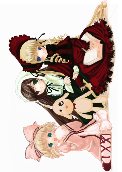 mikazukimo, hinaichigo, kunkun, shinku, suiseiseki, rozen maiden, 00s, 3girls, :o, animal, blonde hair, blue eyes, blush, bonnet, bow, dog, dress, drill hair, green dress, green eyes, hat, hat bow, headscarf, heterochromia, long hair, long sleeves, looking at viewer, multiple girls, open mouth, pink bow, pink dress, red dress, red eyes, simple background, sitting, twin drills, twintails, very long hair, white background, white headscarf, yokozuwari
