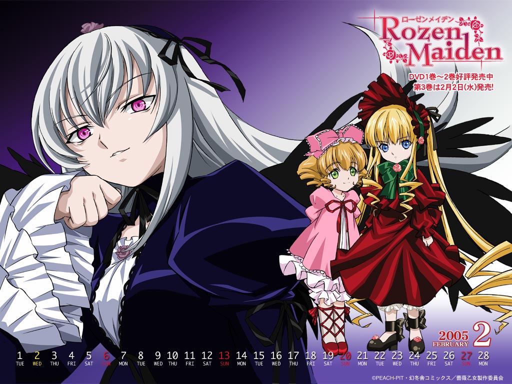 hinaichigo, shinku, suigintou, rozen maiden, silver hair, official art, 00s, 2005, 3girls, blonde hair, blue eyes, bow, calendar, dress, drill hair, february, footwear ribbon, frills, green eyes, long hair, looking at viewer, mary janes, multiple girls, pink bow, pink dress, purple eyes, red dress, shoes, smirk, text focus, very long hair