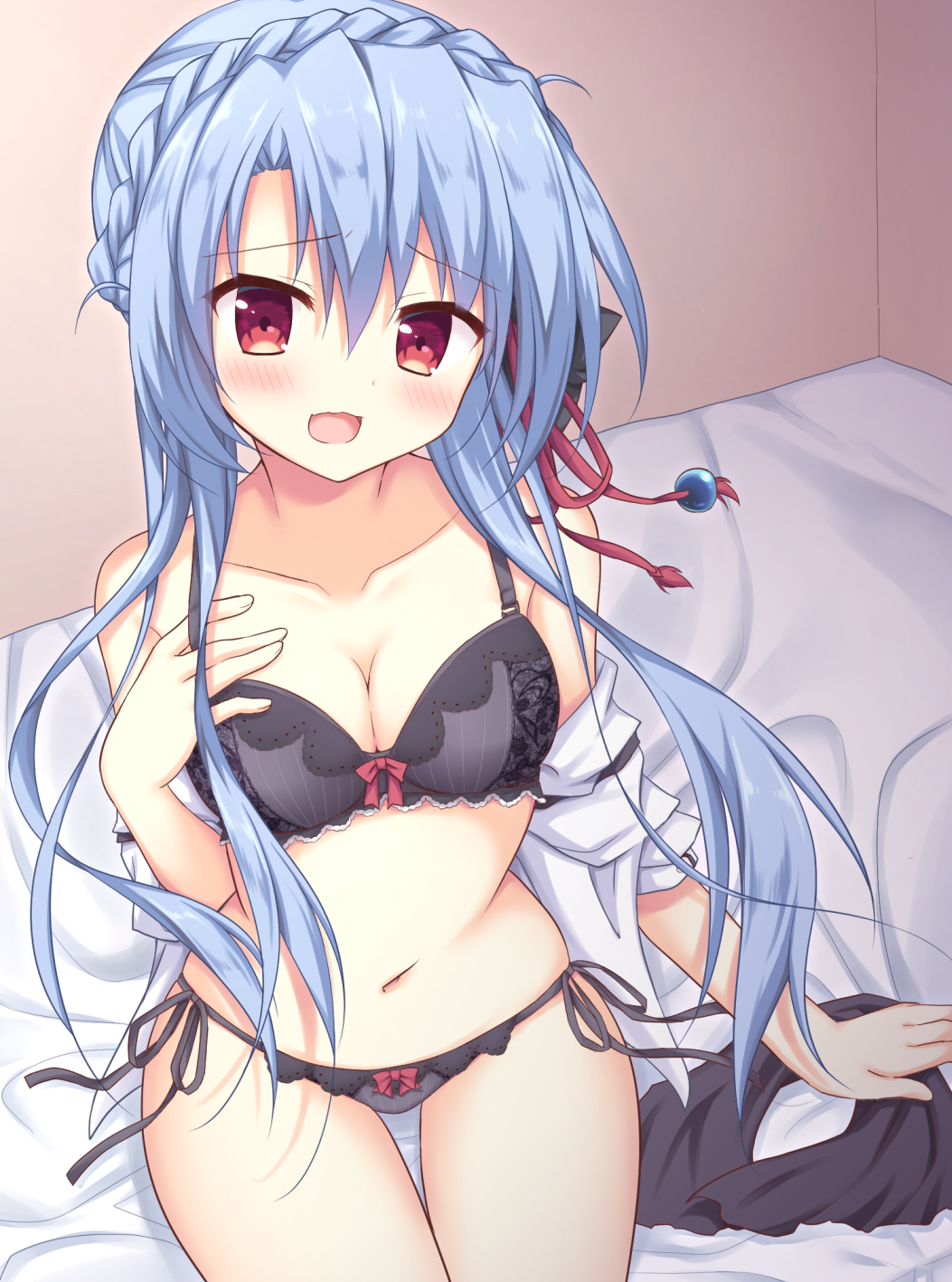korokoro cat, sorakado ao, summer pockets, commentary request, highres, textless version, 1girl, :d, arm at side, aroused, bare shoulders, black bow, black bra, black panties, blue hair, blush, bow, bow bra, bow panties, bra, braid, breast suppress, breasts, cleavage, collarbone, cowboy shot, crown braid, eyes visible through hair, hair between eyes, hair bow, hair bun, hair ribbon, hand up, indoors, large breasts, lingerie, long hair, looking at viewer, navel, on bed, open mouth, panties, red bow, red eyes, red ribbon, ribbon, side-tie panties, sidelocks, single hair bun, sitting, skindentation, smile, solo, stomach, thigh gap, thighs, underwear, underwear only, very long hair