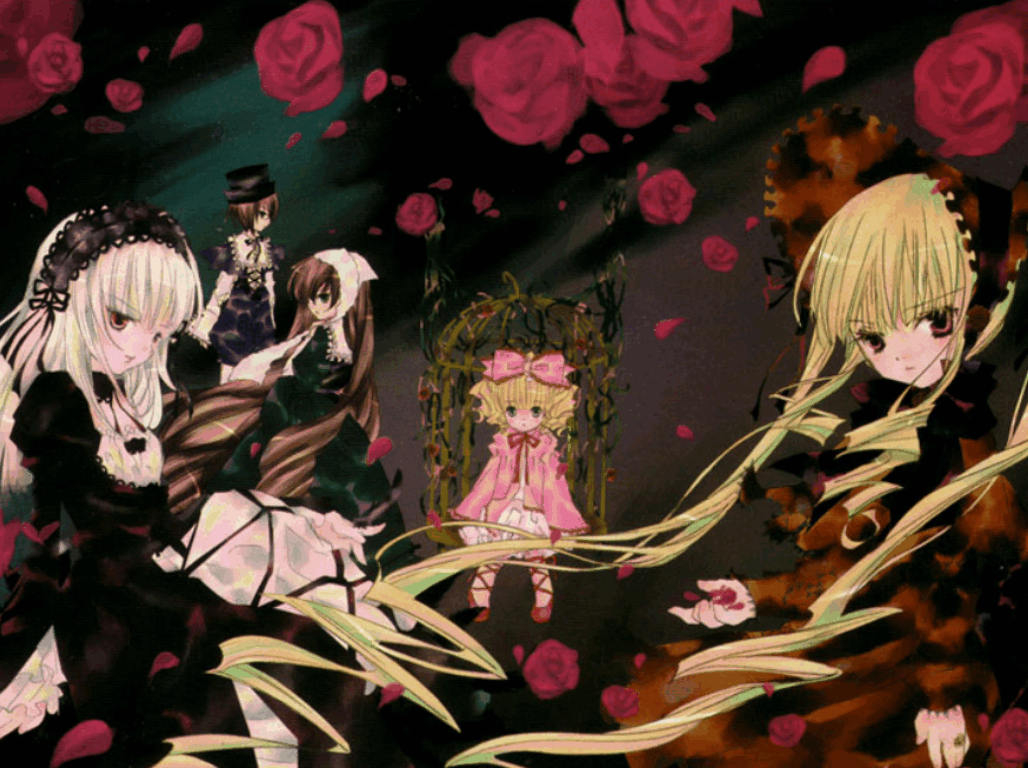 hinaichigo, shinku, souseiseki, suigintou, suiseiseki, rozen maiden, silver hair, 00s, 5girls, blonde hair, blue eyes, bow, cage, flower, headscarf, heterochromia, long hair, multiple girls, petals, pink bow, red eyes, ribbon, rose, short hair, siblings, sisters, twins, very long hair, white headscarf