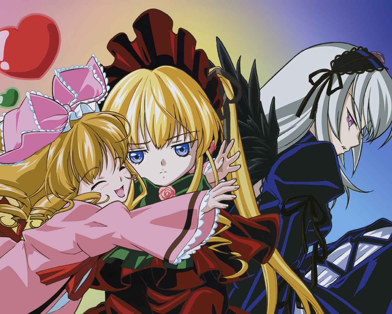 kasugai hiroyuki, hinaichigo, shinku, suigintou, rozen maiden, 00s, 3girls, :d, blonde hair, blue eyes, bow, closed eyes, frown, hug, multiple girls, open mouth, pink bow, smile, twintails