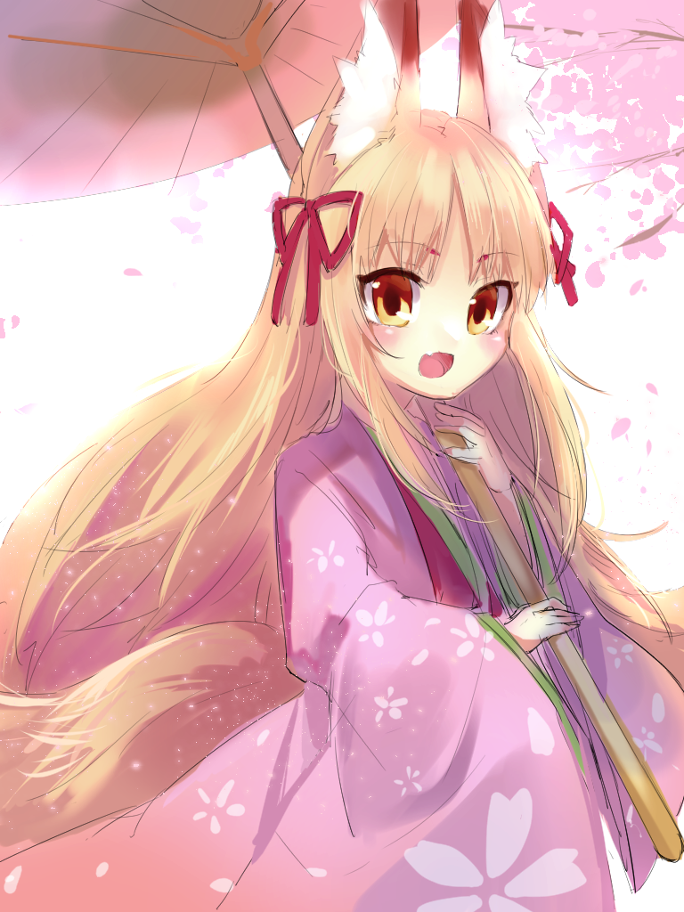 loki alma, emil chronicle online, 1girl, animal ears, blonde hair, cherry blossoms, fox ears, fox girl, fox tail, hair ribbon, holding, holding umbrella, japanese clothes, kemogon, kimono, long hair, oil-paper umbrella, open mouth, red ribbon, ribbon, smile, solo, tail, umbrella, yellow eyes