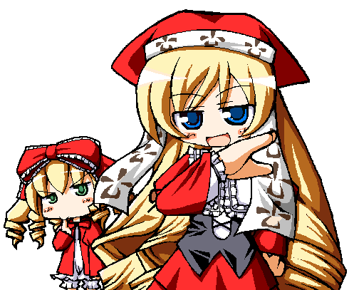 hinaichigo, suiseiseki, rozen maiden, lowres, 00s, 2girls, blonde hair, heterochromia, multiple girls