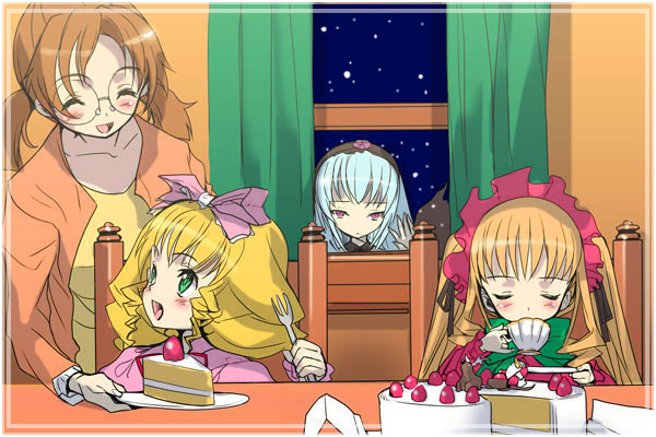 hinaichigo, sakurada nori, shinku, suigintou, rozen maiden, silver hair, 00s, 4girls, blonde hair, bow, cake, closed eyes, cup, drinking, food, glasses, green eyes, indoors, long hair, multiple girls, pink bow, smile, table, tea, teacup