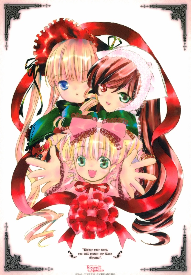 peach-pit, hinaichigo, shinku, suiseiseki, rozen maiden, official art, 00s, 3girls, :d, ;o, blonde hair, blue eyes, bonnet, border, bow, copyright name, dress, flower, frills, green dress, hair bow, headscarf, heterochromia, logo, long hair, long sleeves, looking at viewer, multiple girls, one eye closed, open mouth, outstretched arms, pink bow, pink dress, red dress, ribbon, rose, simple background, smile, twintails, very long hair, white headscarf