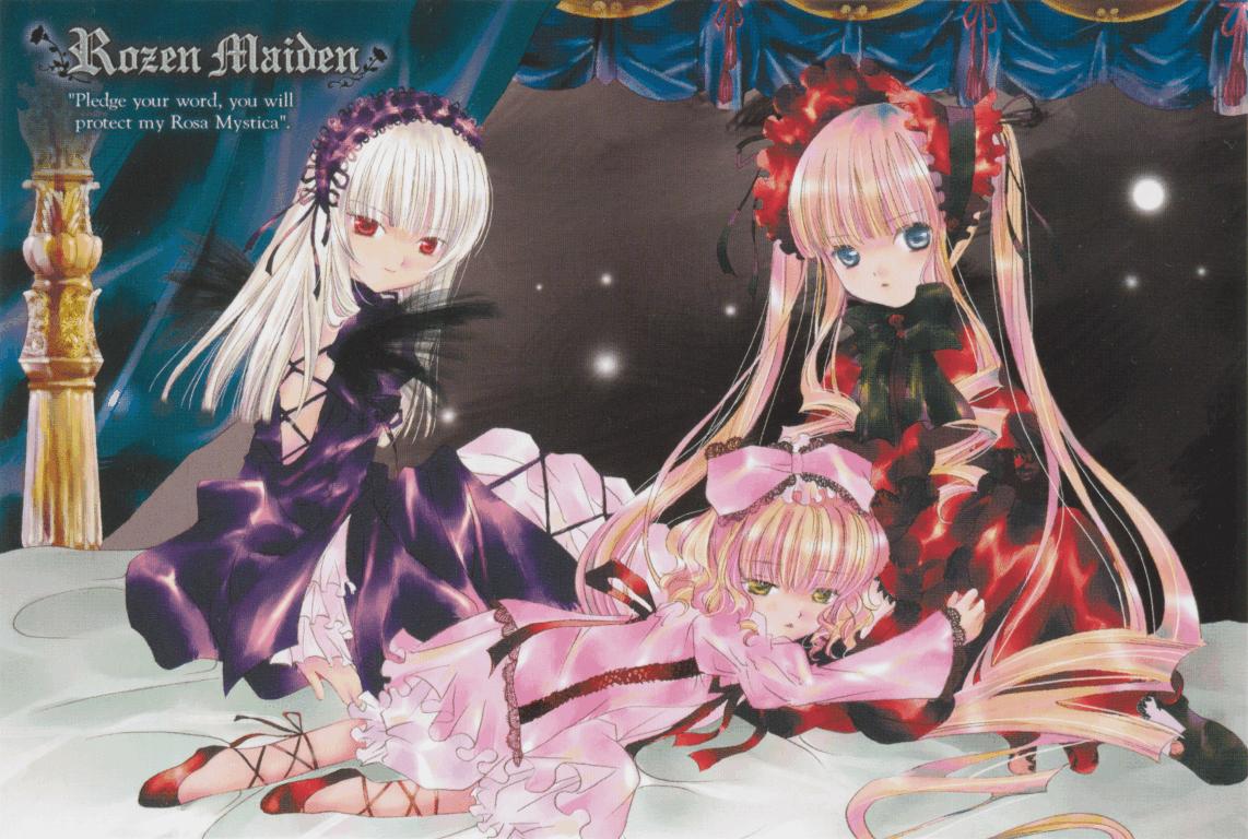 peach-pit, hinaichigo, shinku, suigintou, rozen maiden, silver hair, official art, 00s, 3girls, bed, blonde hair, blue eyes, bow, canopy bed, dress, lap pillow, long hair, looking at viewer, lying, multiple girls, pink bow, red eyes, sitting, smile, very long hair