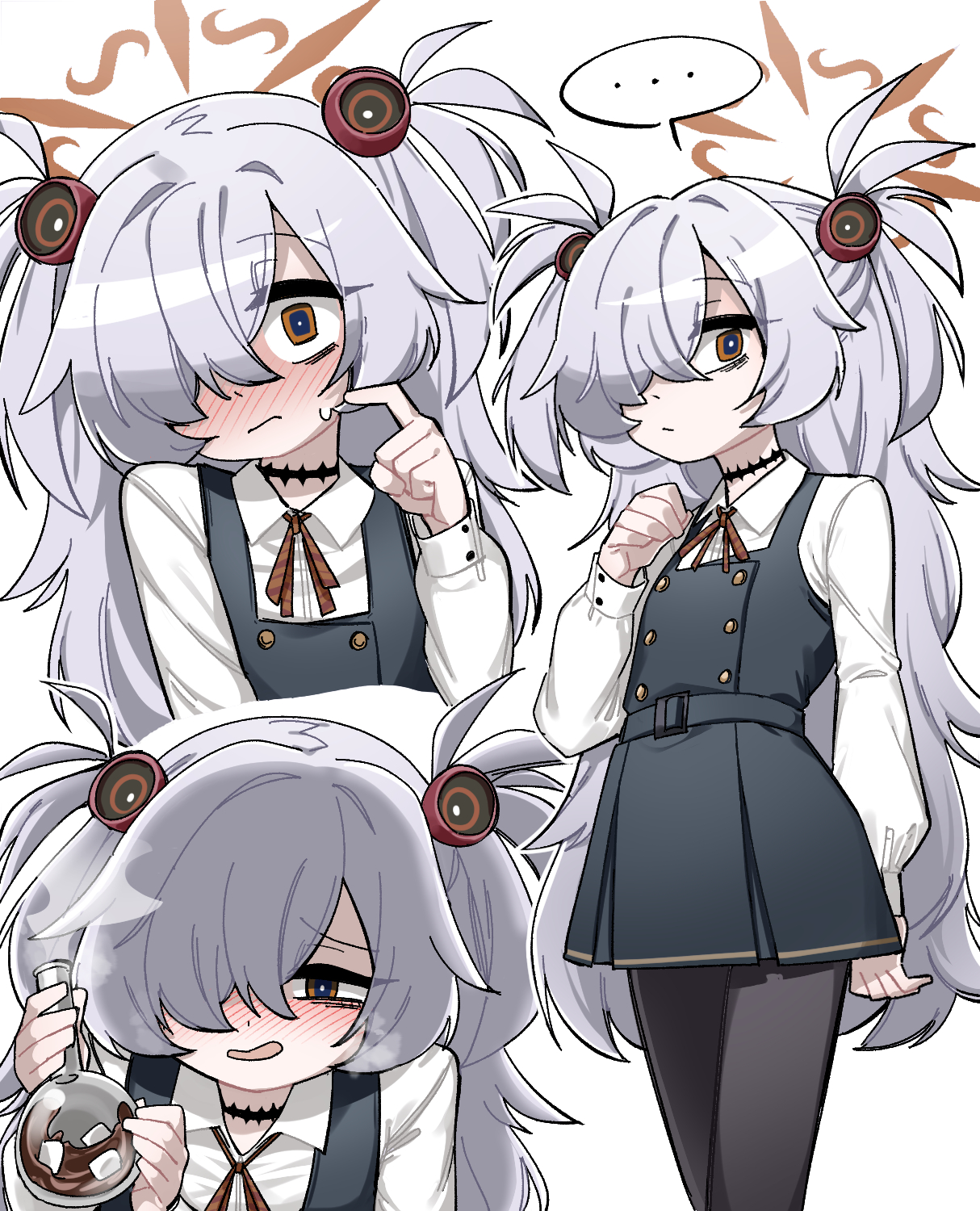 fey (whitepaper), kanoe (blue archive), blue archive, commentary request, highres, korean commentary, …, 1girl, belt, belt buckle, black dress, black pantyhose, blush, breath, buckle, buttons, collared shirt, cowboy shot, diagonal-striped ribbon, double-breasted, dress, flask, flat chest, grey hair, hair over one eye, halo, holding, holding flask, long bangs, long hair, long sleeves, messy hair, mojyo, multiple views, nose blush, orange eyes, orange halo, pale skin, pantyhose, parted bangs, pinafore dress, pointing, pointing at self, puffy long sleeves, puffy sleeves, red ribbon, ribbon, round-bottom flask, scar, scar on neck, shirt, short twintails, sidelocks, sideways glance, sleeve cuffs, sleeveless, sleeveless dress, solo, sphere hair ornament, spoken ellipsis, twintails, very long hair, white shirt, wide-eyed