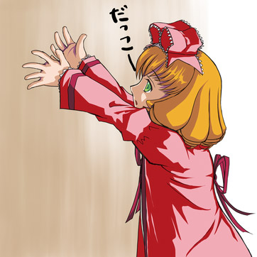 hinaichigo, rozen maiden, lowres, 00s, 1girl, blonde hair, bow, dress, female focus, green eyes, hair bow, long sleeves, outstretched arms, pink bow, red dress, short hair, solo, upper body