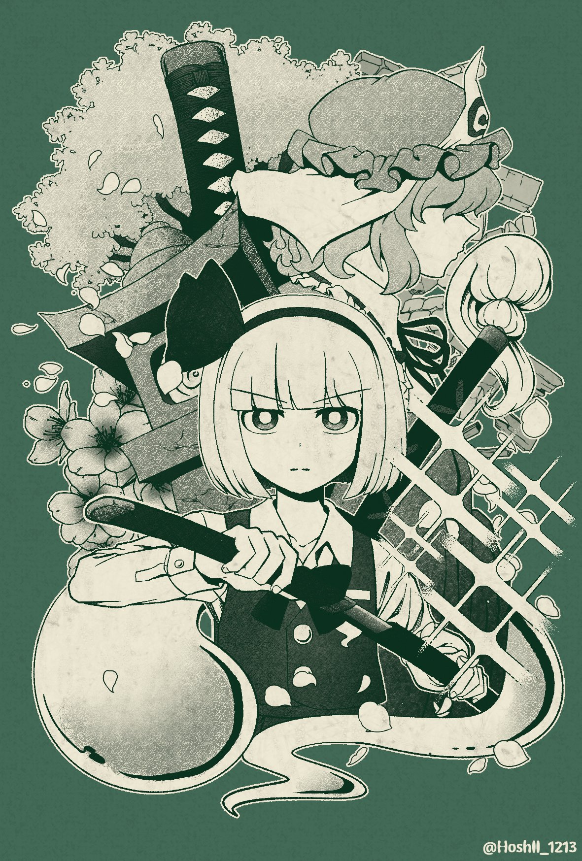 hoshii 1213, konpaku youmu, konpaku youmu (ghost), saigyouji yuyuko, touhou, highres, 2girls, artist name, cherry blossoms, frown, green theme, hat, holding, holding sword, holding weapon, katana, looking at viewer, looking to the side, mob cap, monochrome, multiple girls, sheath, short hair, sword, upper body, v-shaped eyebrows, weapon, youmu day