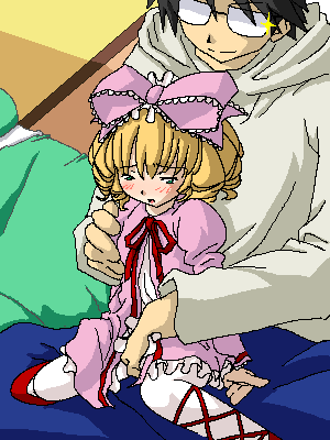 hinaichigo, sakurada jun, rozen maiden, artist request, lowres, 00s, 1boy, 1girl, :o, black hair, blonde hair, blue hair, blush, bow, dress, fingering, fingering through clothes, glasses, hair bow, hetero, loli, long sleeves, parted lips, pink bow, pink dress, sitting, sparkle, through clothes, wariza