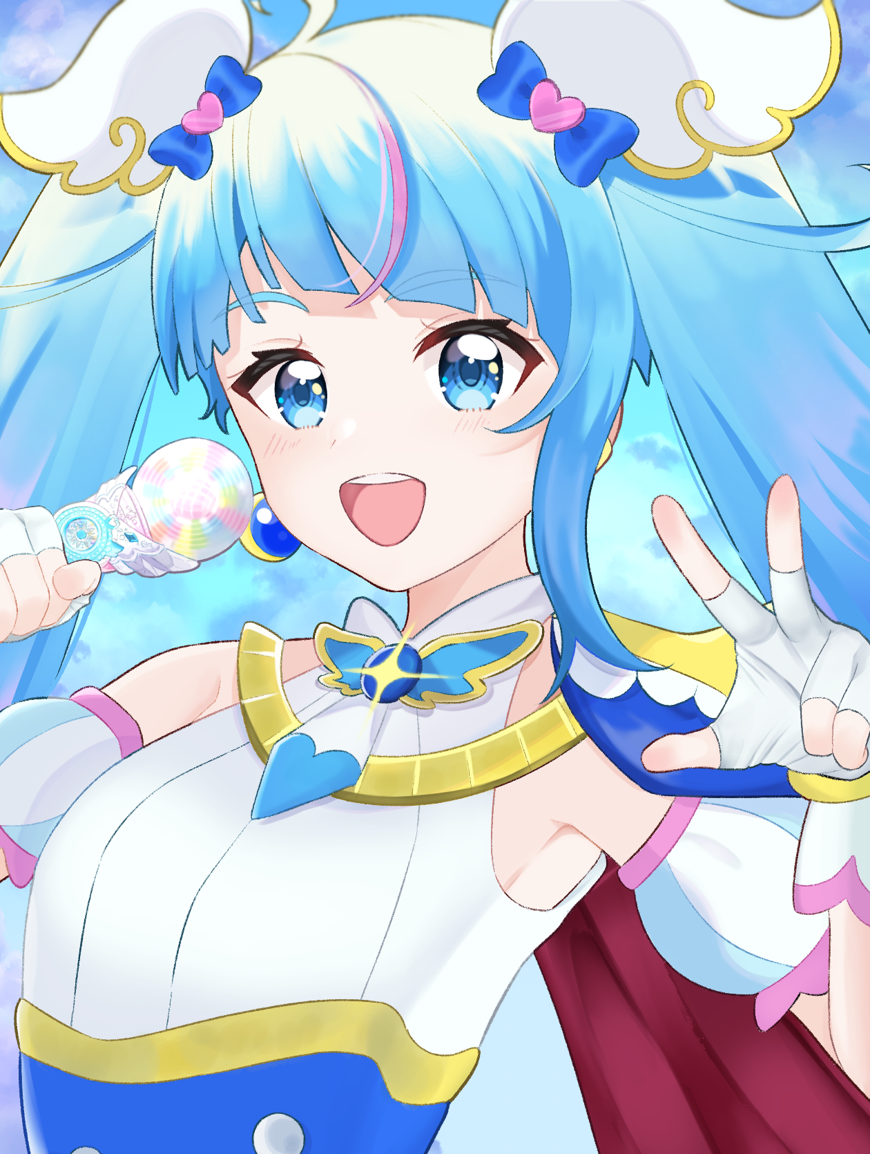 earl23491195, cure sky, sora harewataru, hirogaru sky! precure, precure, bad id, bad pixiv id, commentary, highres, inactive account, 1girl, blue cape, blue dress, blue eyes, blue hair, blue sky, brooch, cape, cloud, cloudy sky, cut bangs, day, detached sleeves, dress, earclip, earrings, fingerless gloves, gloves, hair ornament, holding, jewelry, long hair, looking at viewer, magical girl, multicolored hair, open mouth, outdoors, pink hair, puffy detached sleeves, puffy sleeves, red cape, single earring, single sidelock, sky, sky mirage, sleeveless, sleeveless dress, smile, solo, streaked hair, twintails, two-sided cape, two-sided fabric, two-tone dress, two-tone hair, upper body, very long hair, w, white dress, white gloves, wing brooch, wing hair ornament