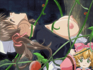 harukawa tomomi, hinaichigo, kao no nai tsuki, rozen maiden, animated, animated gif, lowres, third-party edit, 2girls, blonde hair, bouncing breasts, bow, breasts, brown hair, closed eyes, crossover, glasses, green eyes, large breasts, multiple girls, nipples, parody, pink bow, plant, qvga, tentacle sex, tentacles, vaginal, vines