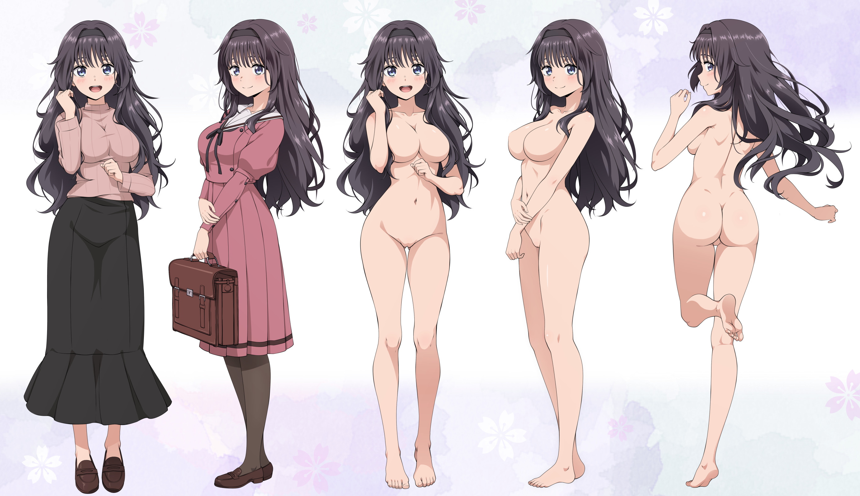 nanikairu, waguri kaoruko, kaoru hana wa rin to saku, highres, paid reward available, 1girl, bag, barefoot, black dress, black hair, black ribbon, completely nude, dress, feet, holding, holding bag, kikyo private academy school uniform, long hair, long skirt, looking at viewer, multiple views, navel, neck ribbon, no nipples, no pussy, nude, pink shirt, pink skirt, pink sweater, pleated skirt, ribbed sweater, ribbon, school uniform, shirt, skirt, soles, standing, standing on one leg, sweater, thighs, toes, turtleneck, turtleneck sweater