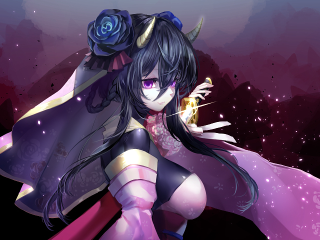 emil chronicle online, black bodysuit, black hair, bodysuit, breasts, detached sleeves, empty eyes, flower, from side, hair flower, hair ornament, hair rings, holding, holding sword, holding weapon, horns, izanami (eco), japanese clothes, katana, kemogon, kimono, large breasts, pink sleeves, purple eyes, sword, upper body, weapon