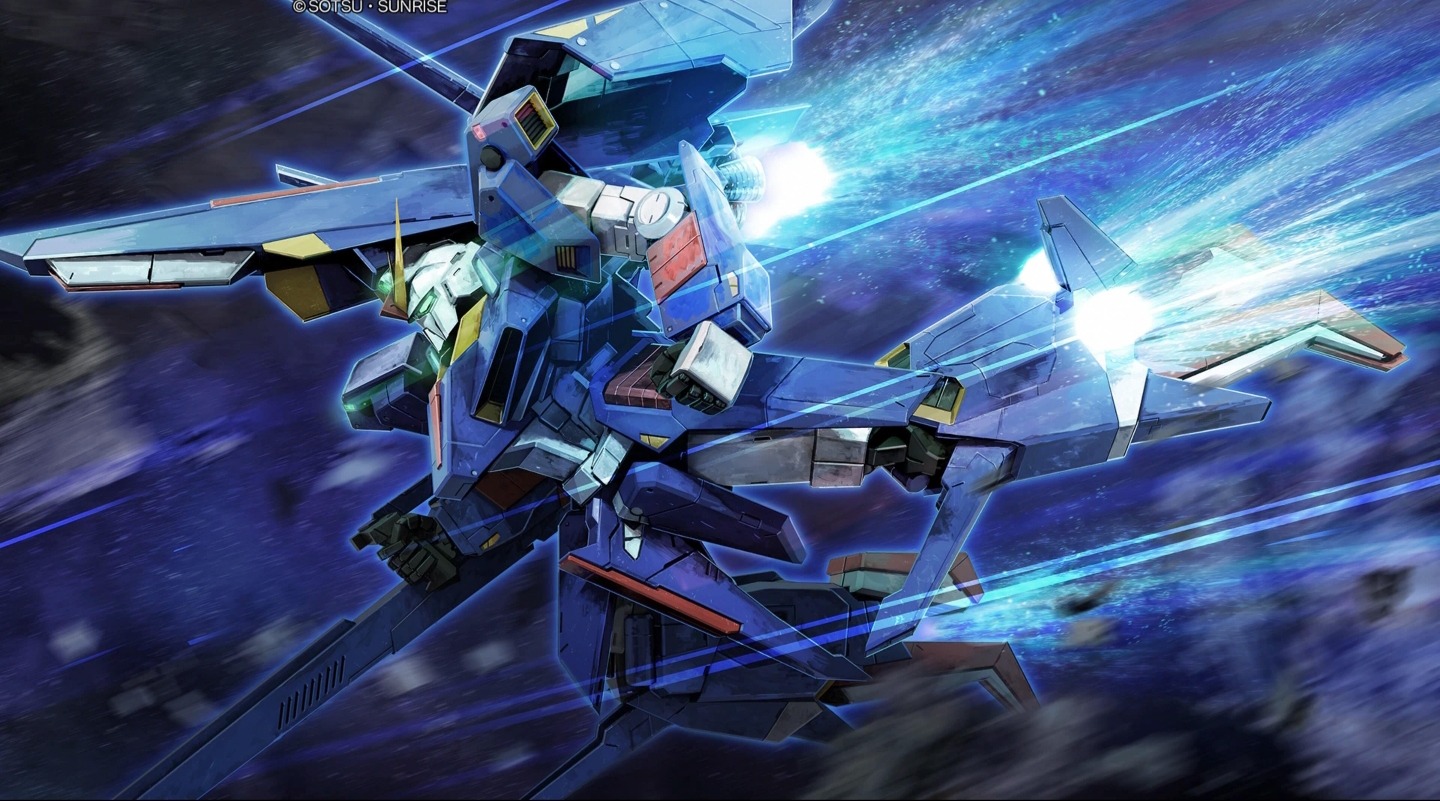 tenjin hidetaka, z ii gundam, gundam, gundam msv, sunrise (company), official art, painting (medium), scan, traditional media, aeug, battle, beam cannon, copyright notice, energy beam, gundam battle operation 2, machinery, mecha, mecha focus, mobile suit, motion blur, no humans, realistic, robot, science fiction, space, thrusters, v-fin