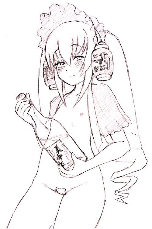 akachouchin, futaba channel, rozen maiden, artist request, traditional media, 00s, 1girl, female focus, lineart, loli, maebari, monochrome, nipples, solo