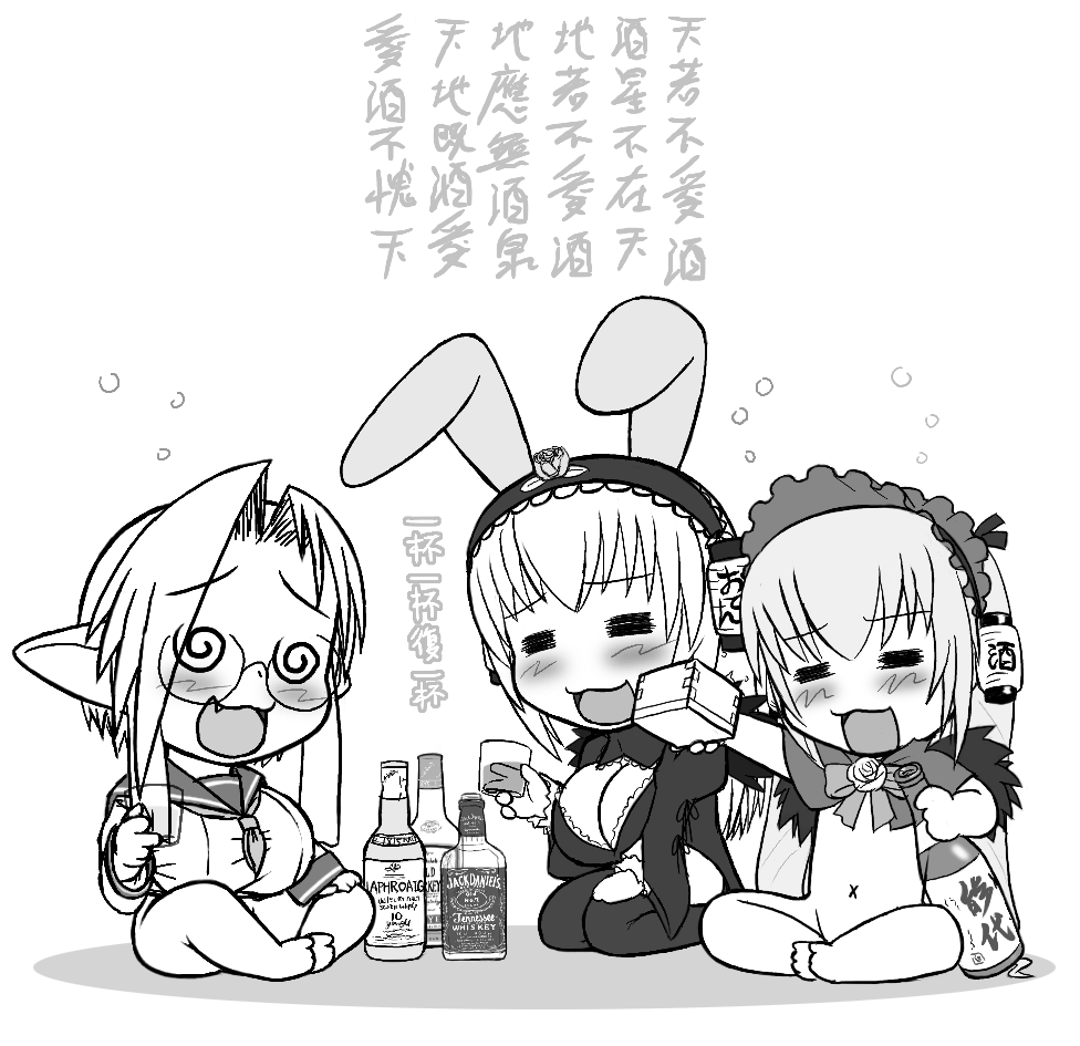 akachouchin, suigintou, futaba channel, rozen maiden, 00s, 3girls, = =, @ @, alcohol, animal ears, bonnet, bottle, breasts, capelet, cleavage, cup, dress, drinking glass, drunk, fake animal ears, fang, flower, glass, glasses, greyscale, hairband, holding, indian style, lampion, large breasts, lolita hairband, lunchbox, monochrome, multiple girls, navel, neckerchief, nude, parted lips, rabbit ears, rocks glass, rose, school uniform, seiza, serafuku, sitting