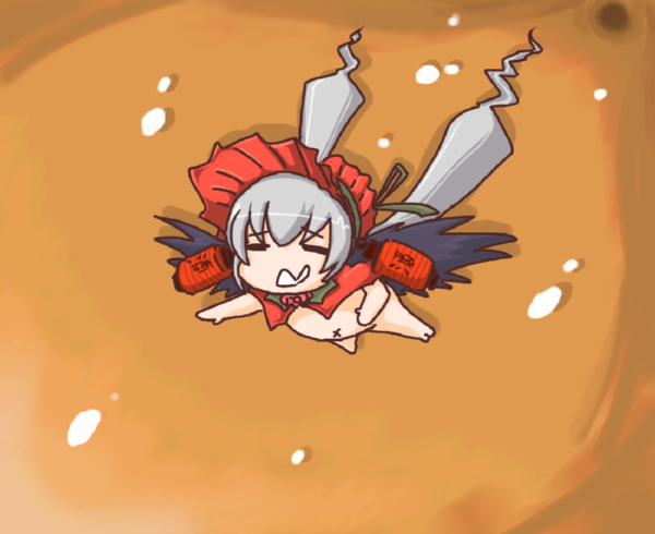 akachouchin, futaba channel, rozen maiden, silver hair, 00s, 1girl, = =, barefoot, black wings, bonnet, cape, chibi, chibi only, closed eyes, drunk, female focus, flower, full body, hat, lantern, long hair, naked cape, navel, nude, open mouth, red bonnet, red cape, red flower, red hat, red rose, rose, solo, stomach, twintails, very long hair, wings