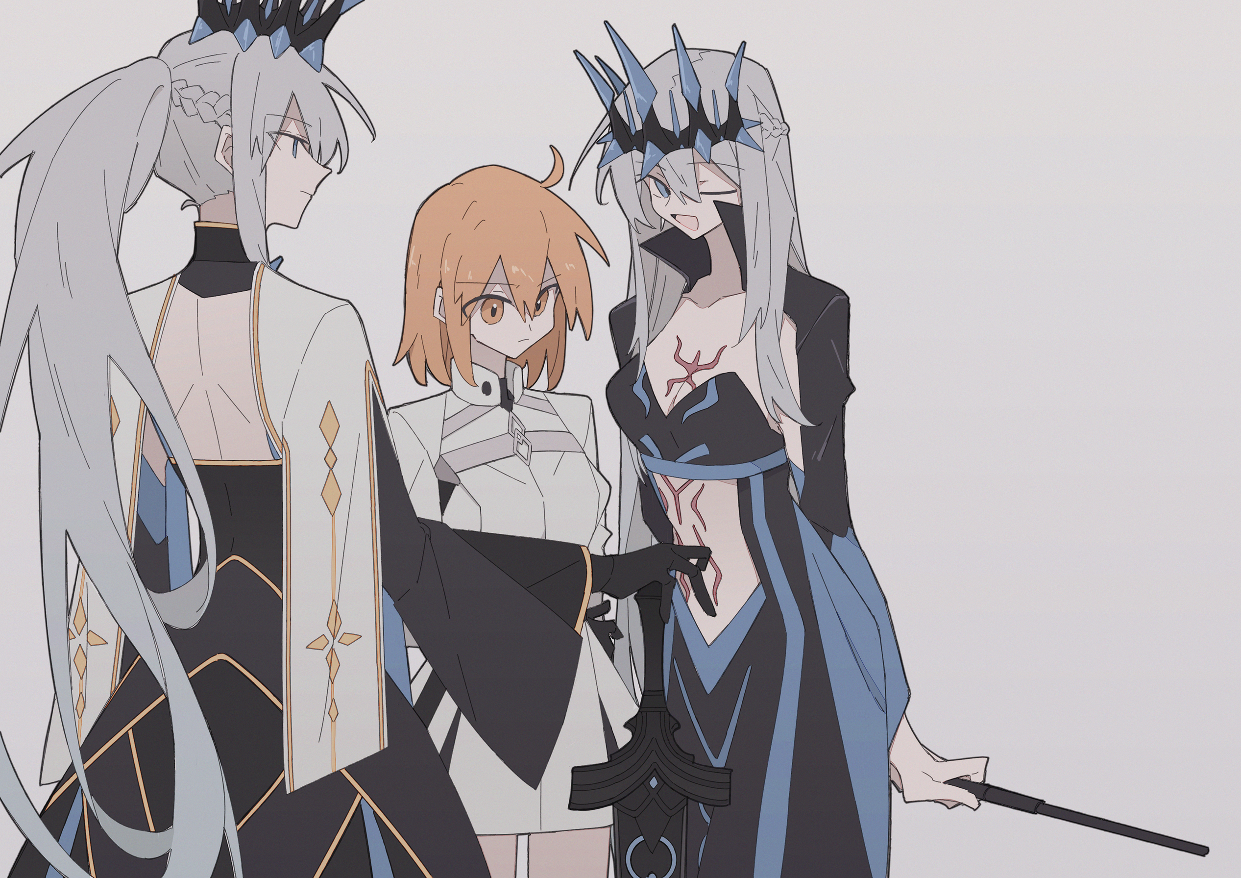 aww (pixiv4034890), fujimaru ritsuka (female), morgan le fay (fate), morgan le fay (fate/apocrypha), morgan le fay (queen of winter) (fate), fate/grand order, fate (series), highres, 3girls, black dress, black gloves, blue eyes, braid, crown, dress, gloves, hair between eyes, half up braid, long hair, looking at viewer, multiple girls, open mouth, orange eyes, orange hair, ponytail, short hair, simple background, smile, sword, two-tone dress, very long hair, weapon, white hair