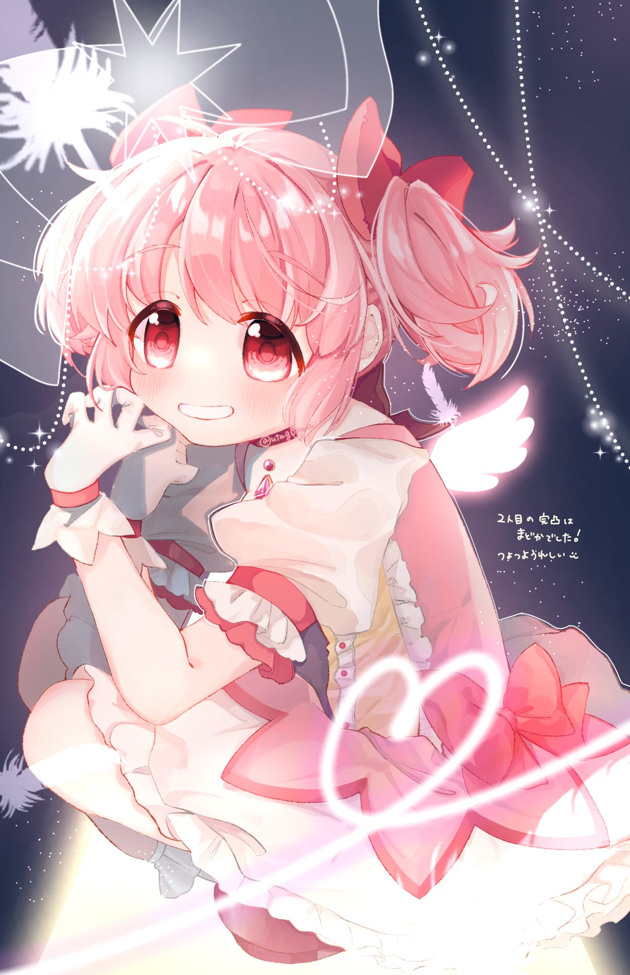 kaname madoka, mahou shoujo madoka magica, mahou shoujo madoka magica (anime), highres, 1girl, angel wings, bow, bubble skirt, dress, feathers, frilled dress, frills, gloves, glowing, glowing wings, grin, hair bow, heart, looking at viewer, pink bow, pink dress, pink eyes, pink hair, puffy short sleeves, puffy sleeves, short sleeves, short twintails, skirt, smile, sparkle, squatting, twintails, utagoma mddr, white feathers, white gloves, wings