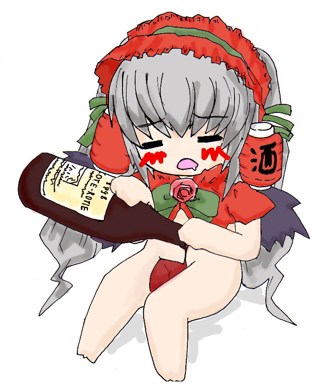 akachouchin, futaba channel, rozen maiden, 00s, 1girl, = =, alcohol, barefoot, black wings, bottle, bottomless, bow, bowtie, capelet, drooling, drunk, female focus, flower, full body, green bow, green bowtie, hair ornament, hairband, lampion, lolita hairband, long hair, red flower, red rose, rose, saliva, simple background, sitting, solo, twintails, very long hair, wakamezake, white background, wine, wine bottle, wings
