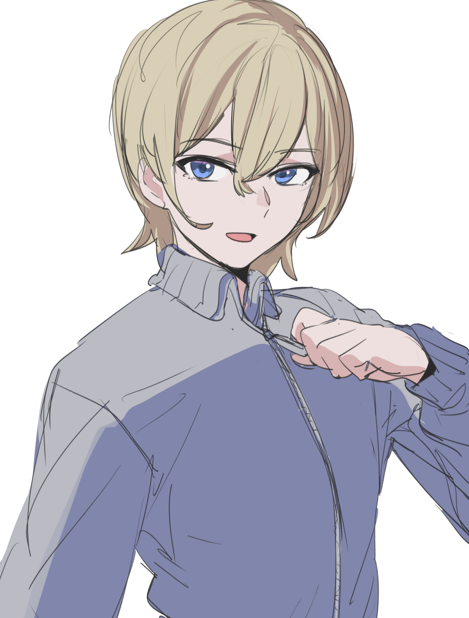bow (bhp), character request, commentary request, copyright request, highres, 1girl, blonde hair, blue eyes, blue jacket, grey jacket, hair between eyes, jacket, looking at viewer, multicolored jacket, short hair, simple background, solo, track jacket, two-tone jacket, upper body, white background