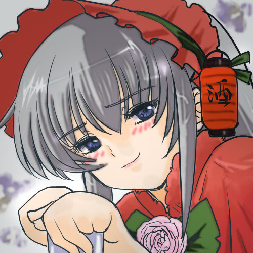 akachouchin, futaba channel, rozen maiden, silver hair, lowres, 00s, 1girl, blue eyes, bonnet, close-up, dress, female focus, flower, hair between eyes, lampion, red dress, rose, smile, solo, upper body
