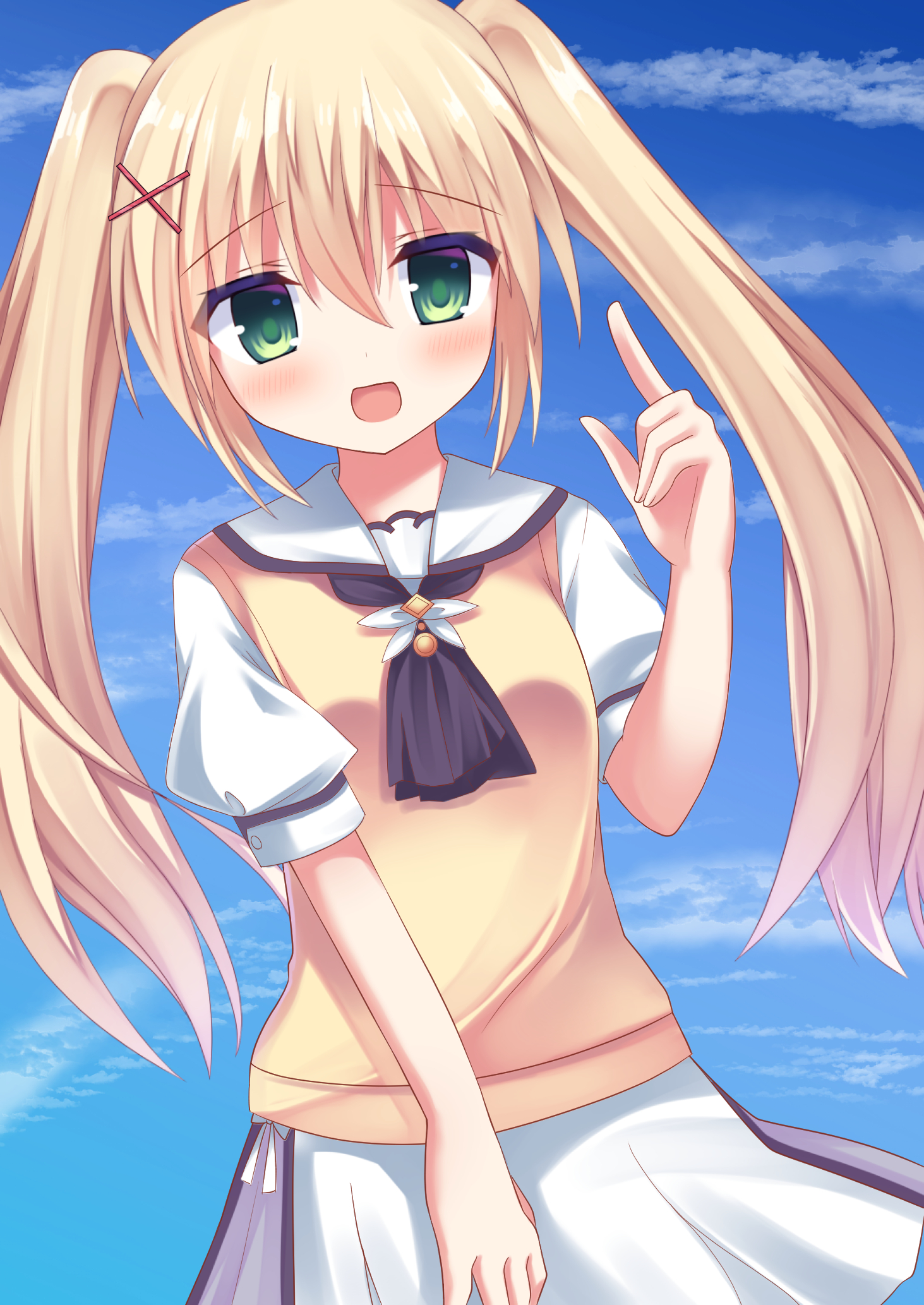 korokoro cat, tsumugi wenders, summer pockets, commentary request, highres, 1girl, :d, ascot, black ascot, blonde hair, blue sky, blush, cowboy shot, day, eyes visible through hair, green eyes, hair between eyes, hair ornament, hand up, index finger raised, long hair, looking at viewer, open mouth, outdoors, puffy short sleeves, puffy sleeves, sailor collar, school uniform, serafuku, shirt, short sleeves, sidelocks, skirt, sky, smile, solo, straight hair, sweater vest, twintails, very long hair, white sailor collar, white serafuku, white shirt, white skirt, x hair ornament, yellow sweater vest