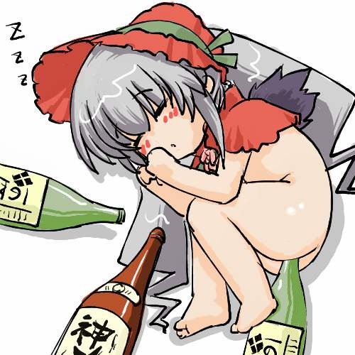 akachouchin, futaba channel, rozen maiden, lowres, 00s, 1girl, :o, between legs, blush, bonnet, bottle, bottomless, capelet, closed eyes, female focus, flat chest, flower, from above, parted lips, rose, simple background, sleeping, solo, white background, zzz