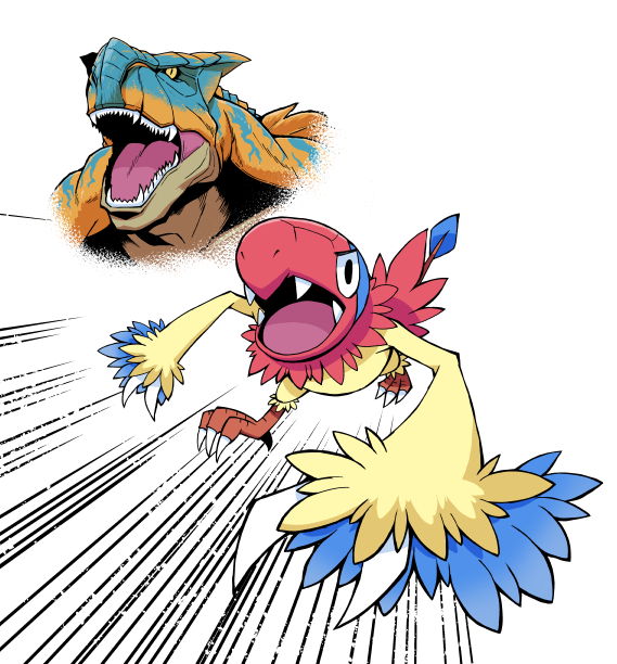 inothi, archen, nintendo, pokemon, character request, commentary request, bird, black eyes, fangs, gen 5 pokemon, motion lines, no humans, open mouth, pokemon (creature), talons, tongue, white background