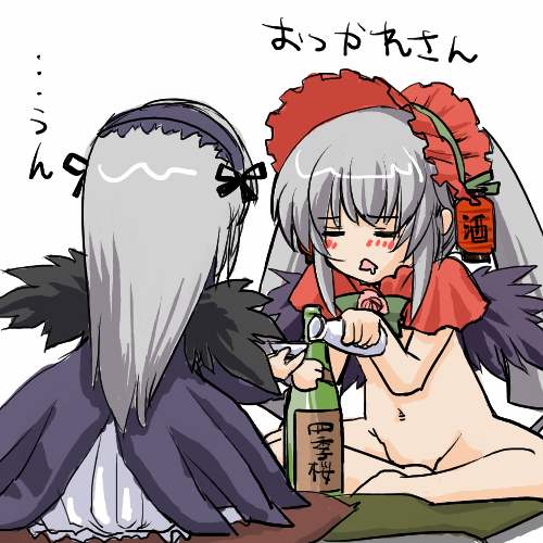 akachouchin, suigintou, futaba channel, rozen maiden, silver hair, lowres, 00s, 2girls, = =, alcohol, black dress, bonnet, bottle, bottomless, bowl, capelet, chibi, chibi only, convenient censoring, dress, flower, hairband, indian style, lolita hairband, long hair, midriff, multiple girls, navel, rose, sidelocks, simple background, sitting, very long hair, white background